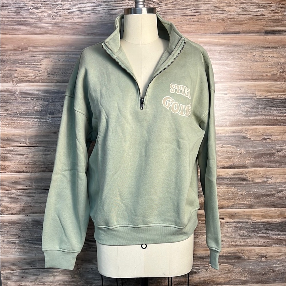 Forever 21 Pull Over 1/4 Zip Sweatshirt "Still Going" in Sage Green NWT